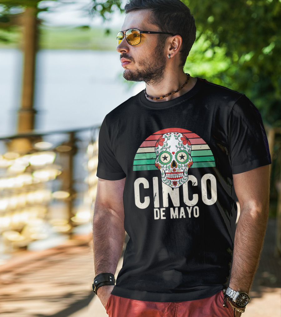 Cinco De Mayo Sugar Skull Retro Stripes T-Shirt