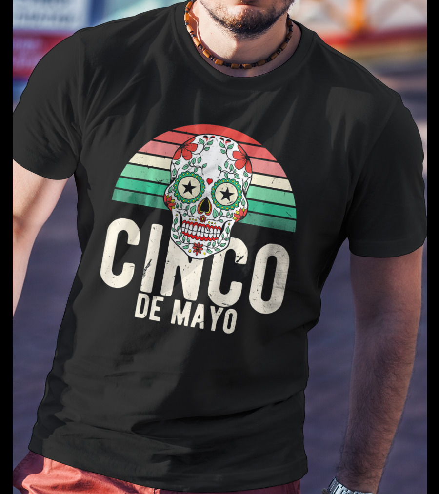 Cinco De Mayo Sugar Skull Retro Stripes T-Shirt