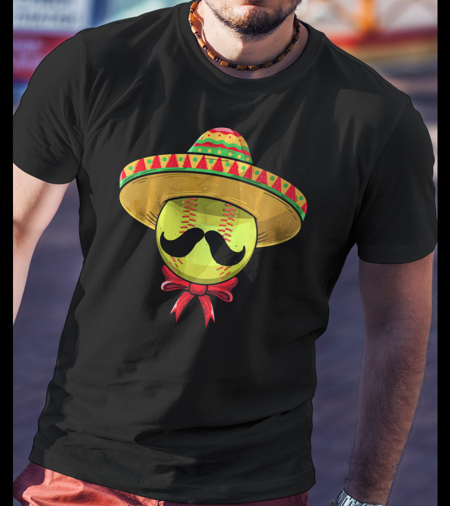 Cinco De Mayo Mexican Sombrero Softball Mustache Red Bow T-Shirt