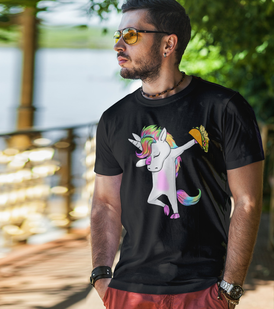 Unicorn Dabbing With Rainbow Mane Holding Tacos T-Shirt
