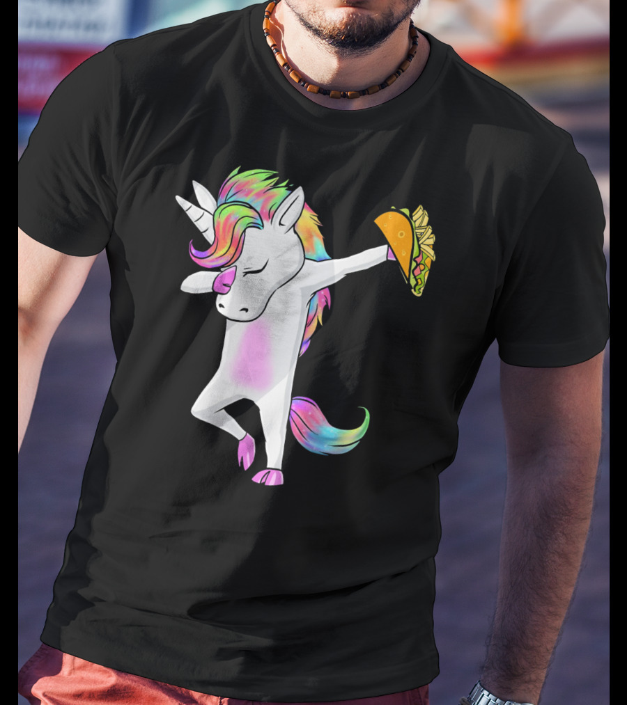 Unicorn Dabbing With Rainbow Mane Holding Tacos T-Shirt
