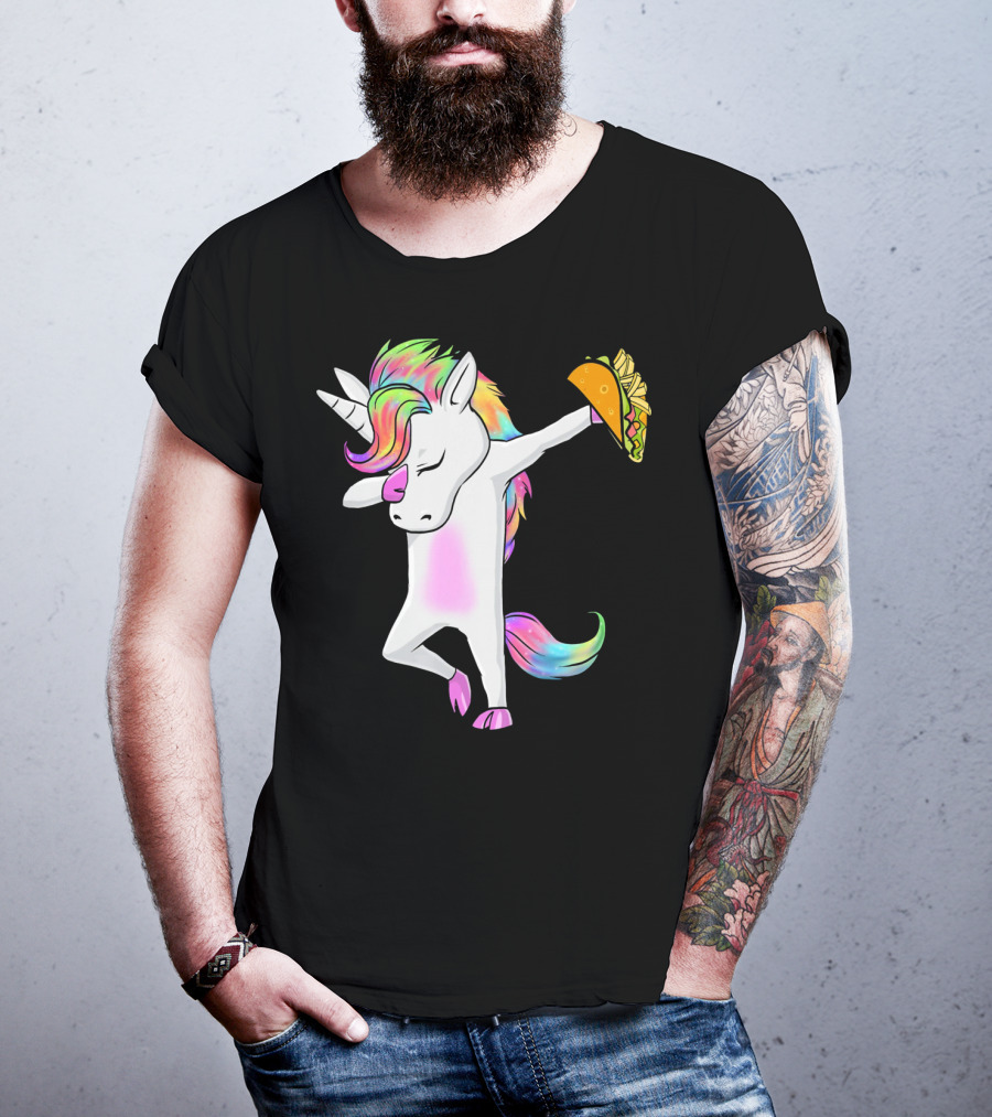 Unicorn Dabbing With Rainbow Mane Holding Tacos T-Shirt