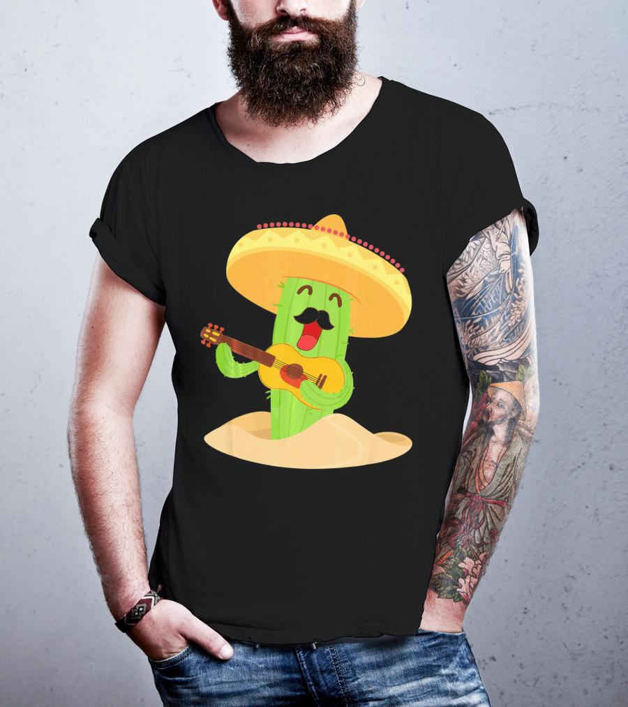 Happy Cinco De Mayo Cactus Guitarist With Sombrero T-Shirt