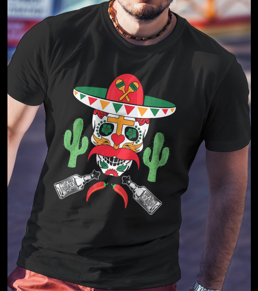 Cinco De Mayo Sugar Skull Sombrero Cactus With Tequila And Peppers T-Shirt