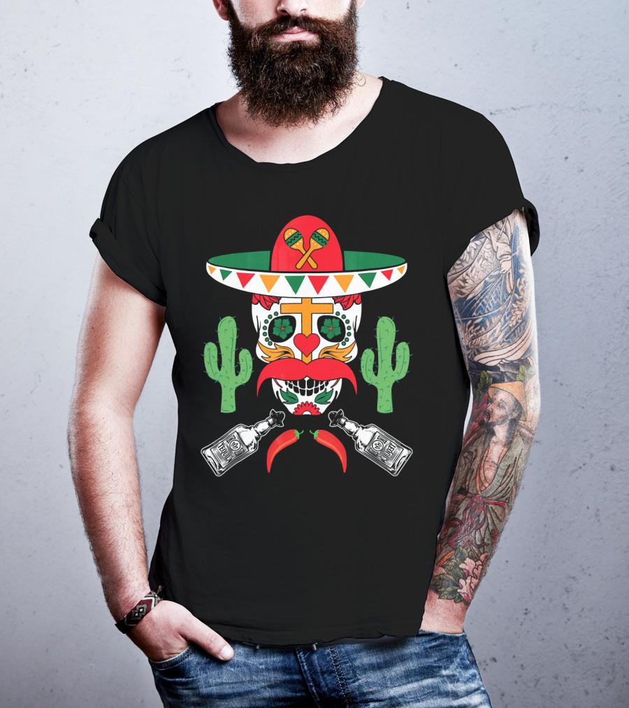 Cinco De Mayo Sugar Skull Sombrero Cactus With Tequila And Peppers T-Shirt