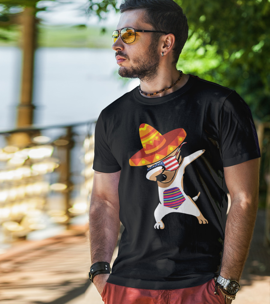 Sombrero Chihuahua Dabbing Mexican Chihuah American Flag Glasses T-Shirt