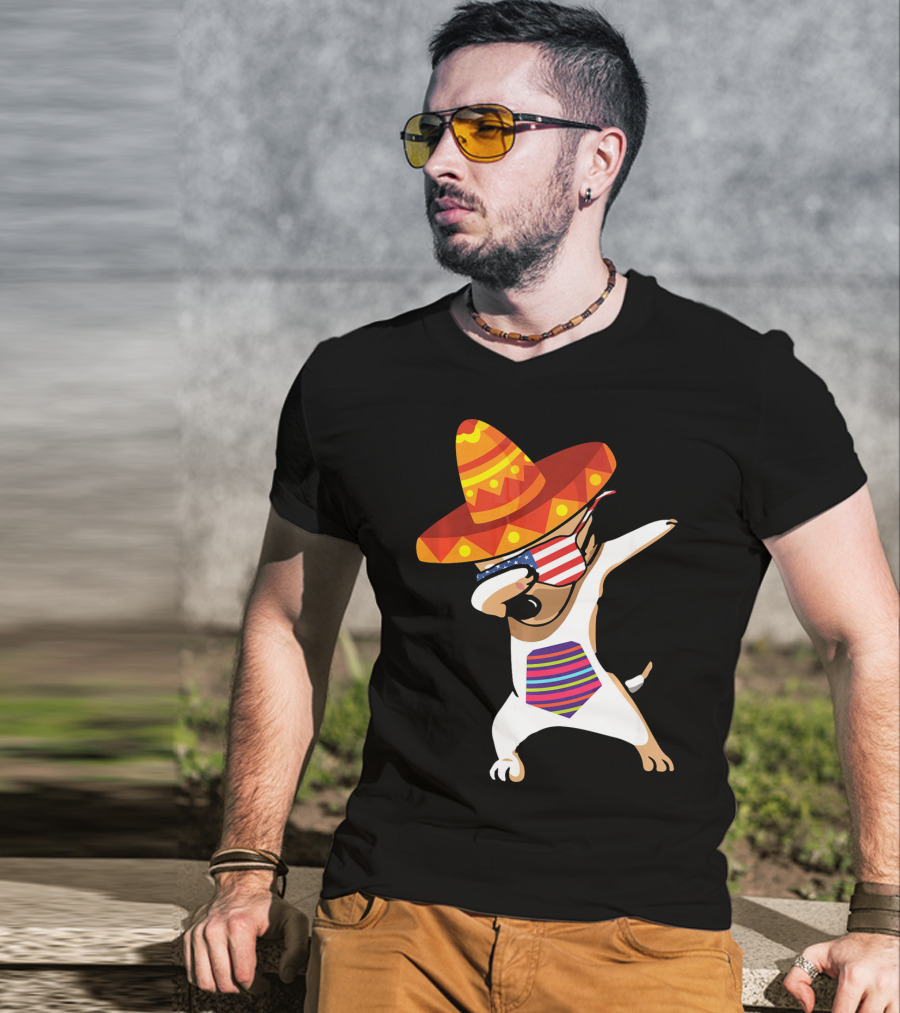 Sombrero Chihuahua Dabbing Mexican Chihuah American Flag Glasses T-Shirt