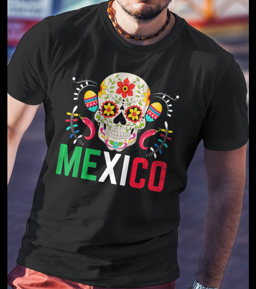 Colorful Cinco De Mayo Mexico Sugar Skull Design With Decorative Elements T-Shirt