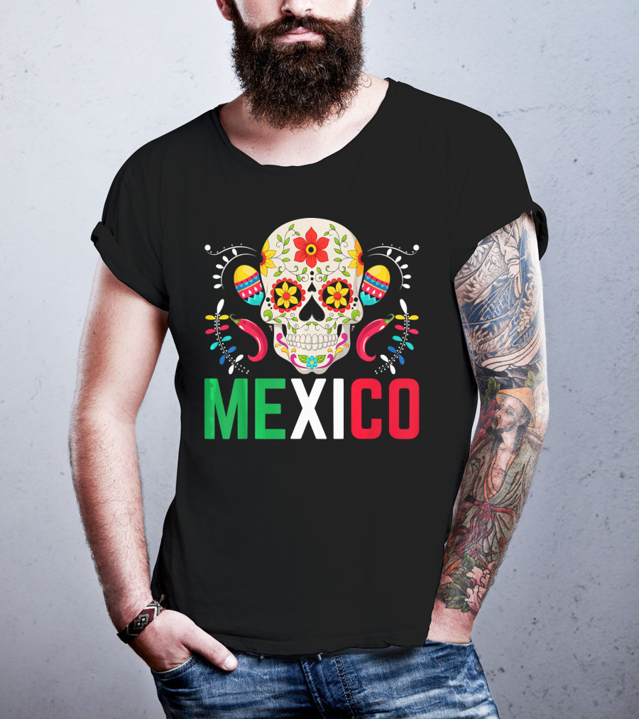 Colorful Cinco De Mayo Mexico Sugar Skull Design With Decorative Elements T-Shirt