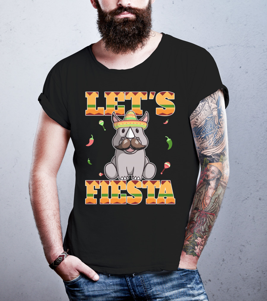 Let's Fiesta Rhinoceros Cinco De Mayo Mex Sombrero Peppers Maracas T-Shirt