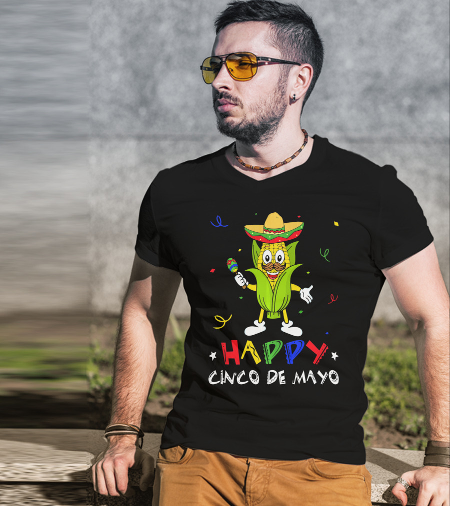 Happy Cinco De Mayo Corn Character With Sombrero And Maraca T-Shirt
