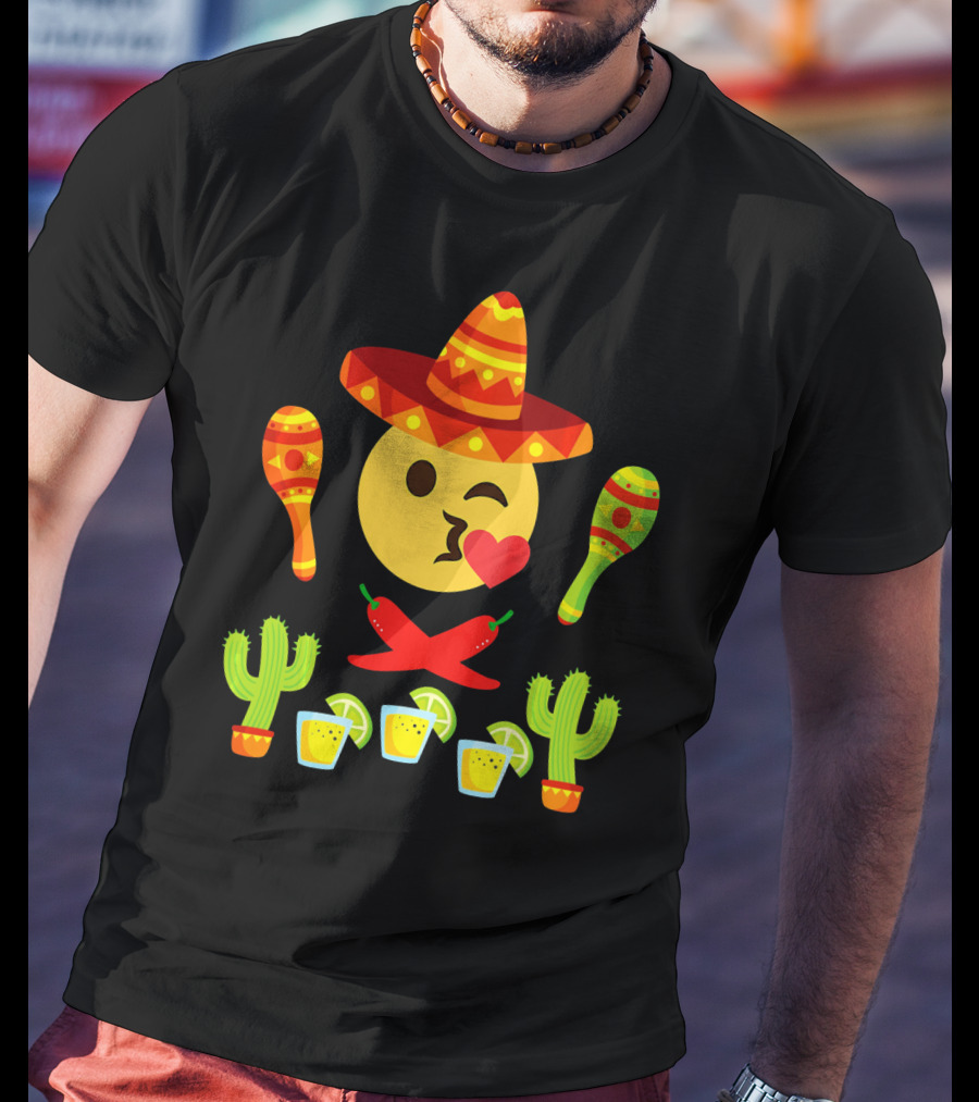 Kiss Emoji Cinco De Mayo Sombrero Maracas Cactus Peppers Margaritas T-Shirt