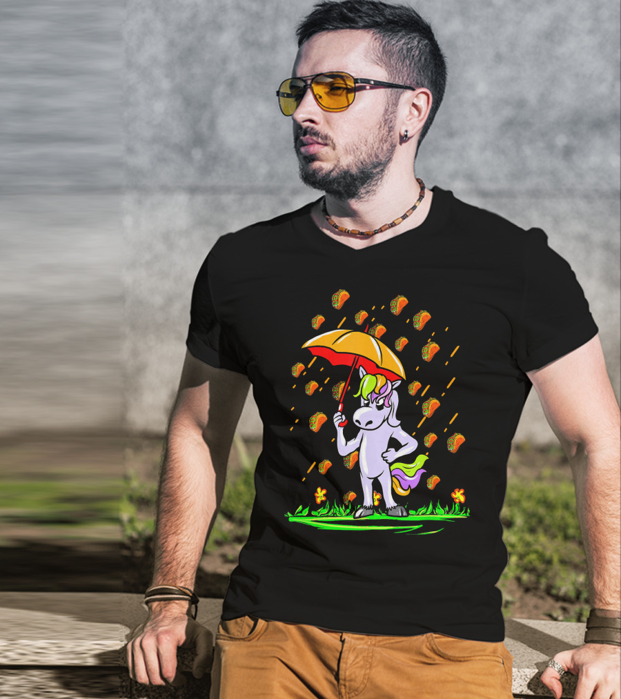 Its Raining Tacos Unicorn With Umbrella And Taco Showers T-Shirt