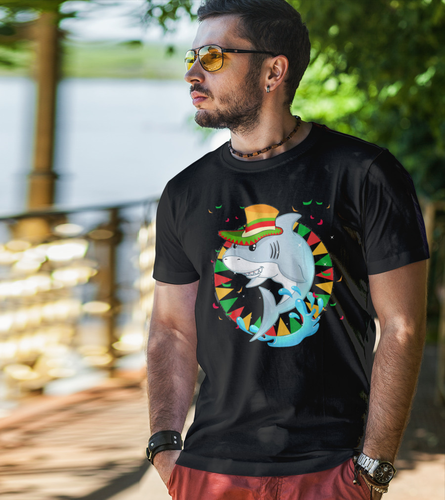 Cute Shark Cinco De Mayo 5th Of May Celebration Hat Sombrero Colorful Fiesta T-Shirt