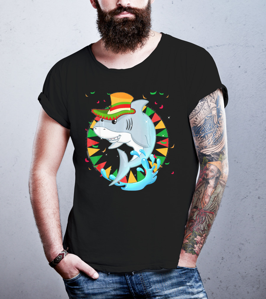 Cute Shark Cinco De Mayo 5th Of May Celebration Hat Sombrero Colorful Fiesta T-Shirt