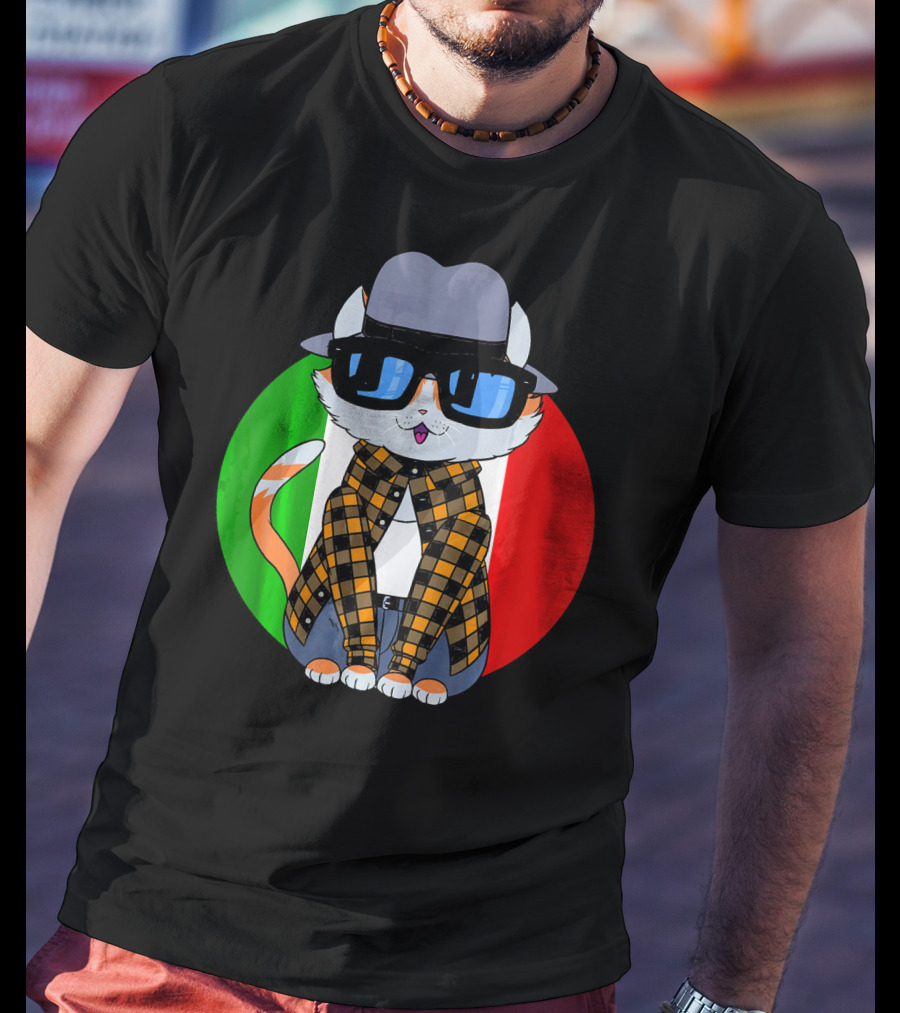 Cinco De Mayo Mexican Kitty Cat With Sunglasses And Plaid Shirt In Front Of Tricolor Circle T-Shirt