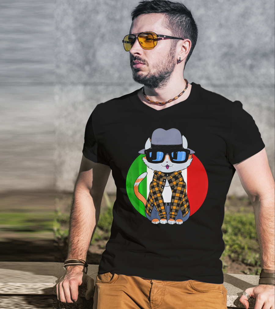 Cinco De Mayo Mexican Kitty Cat With Sunglasses And Plaid Shirt In Front Of Tricolor Circle T-Shirt