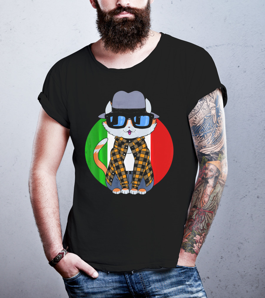 Cinco De Mayo Mexican Kitty Cat With Sunglasses And Plaid Shirt In Front Of Tricolor Circle T-Shirt