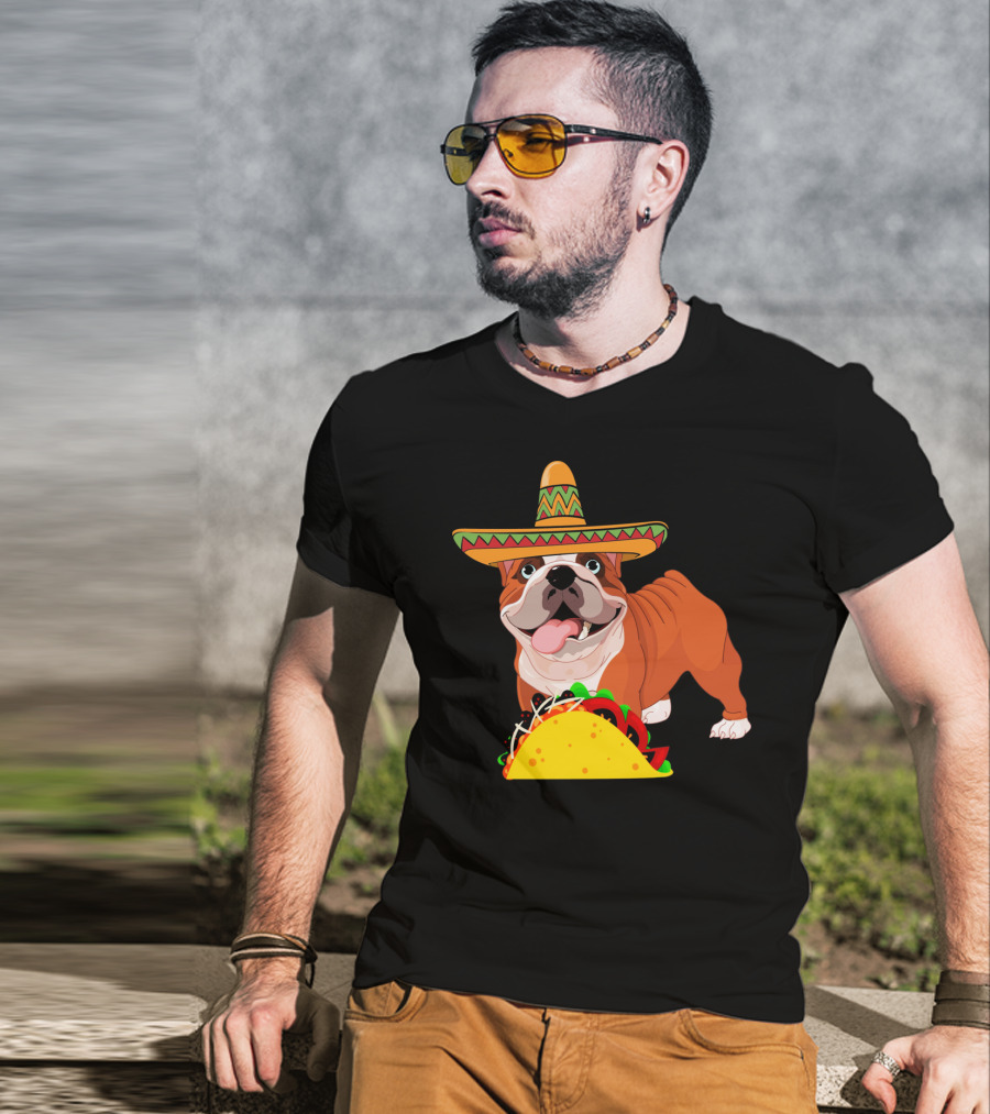 Funny Cinco De Mayo Bulldog Wear Sombrero Taco Fiesta T-Shirt