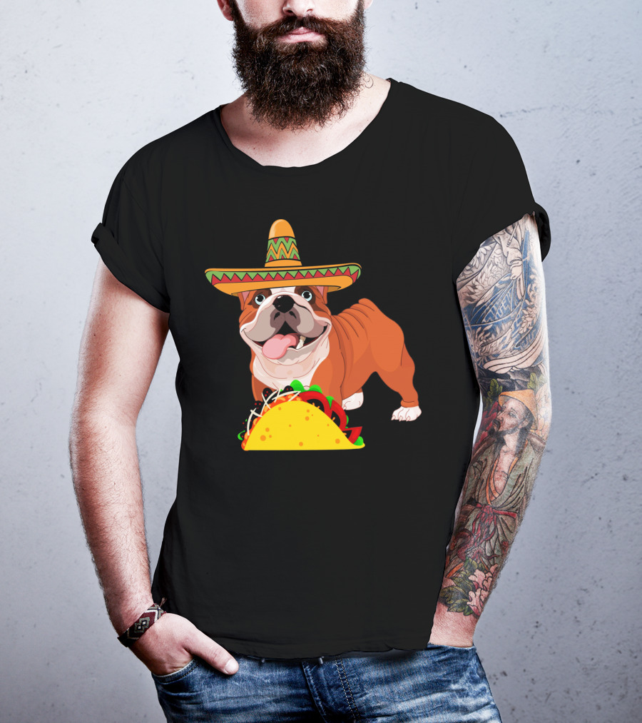Funny Cinco De Mayo Bulldog Wear Sombrero Taco Fiesta T-Shirt