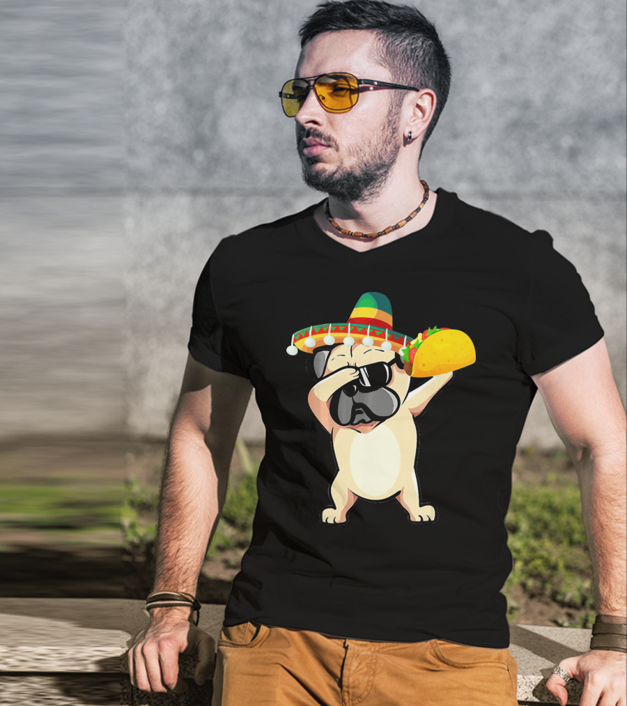 Cinco De Mayo Pug Dog Dabbing With Taco And Sombrero T-Shirt