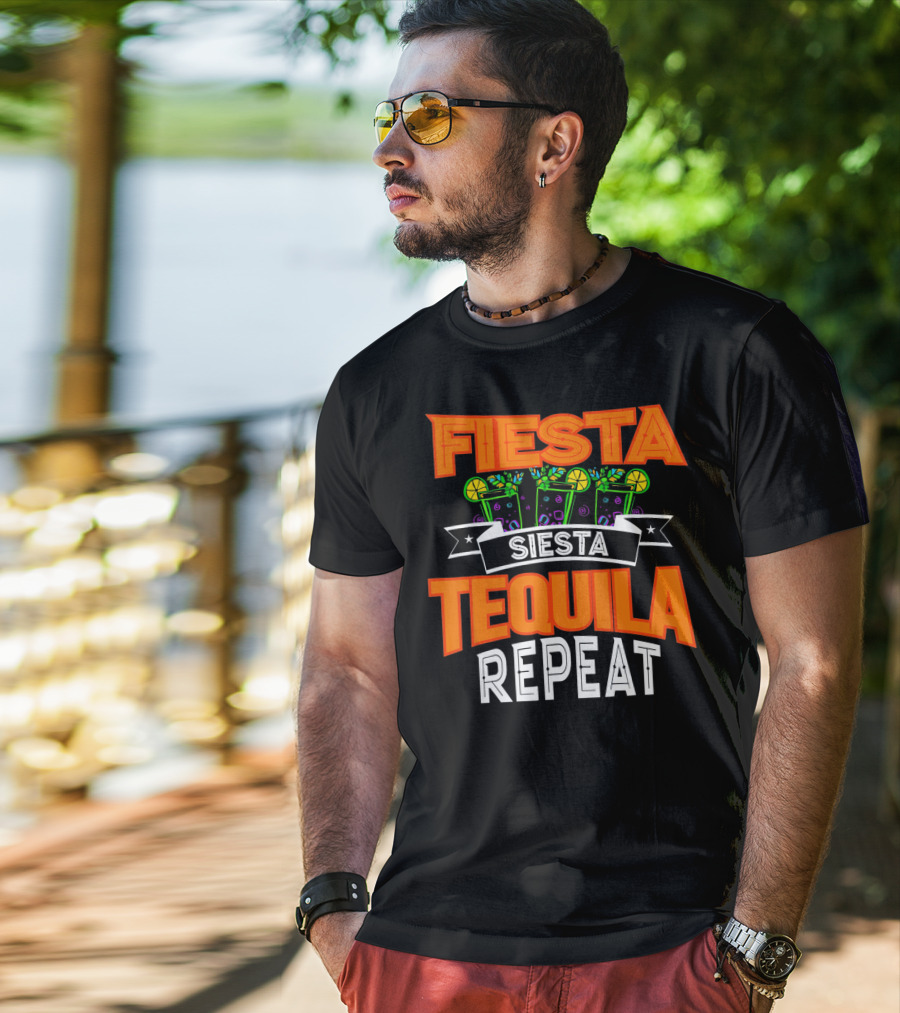 Fiesta Siesta Tequila Repeat Drinker Cin Colorful Margarita Glasses Lime Party T-Shirt
