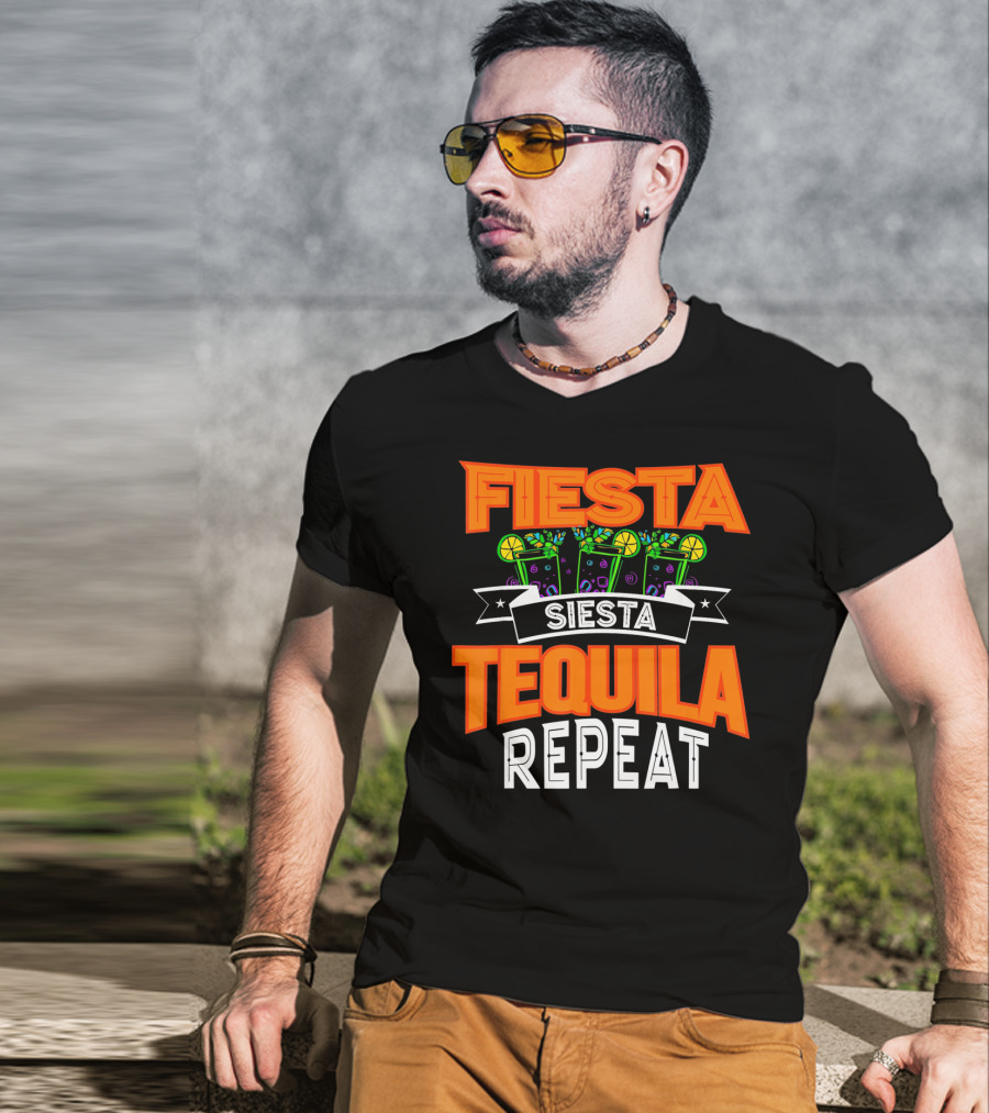 Fiesta Siesta Tequila Repeat Drinker Cin Colorful Margarita Glasses Lime Party T-Shirt