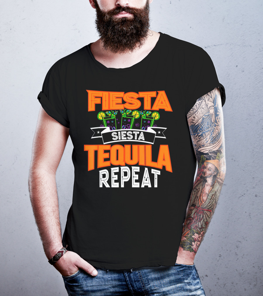 Fiesta Siesta Tequila Repeat Drinker Cin Colorful Margarita Glasses Lime Party T-Shirt