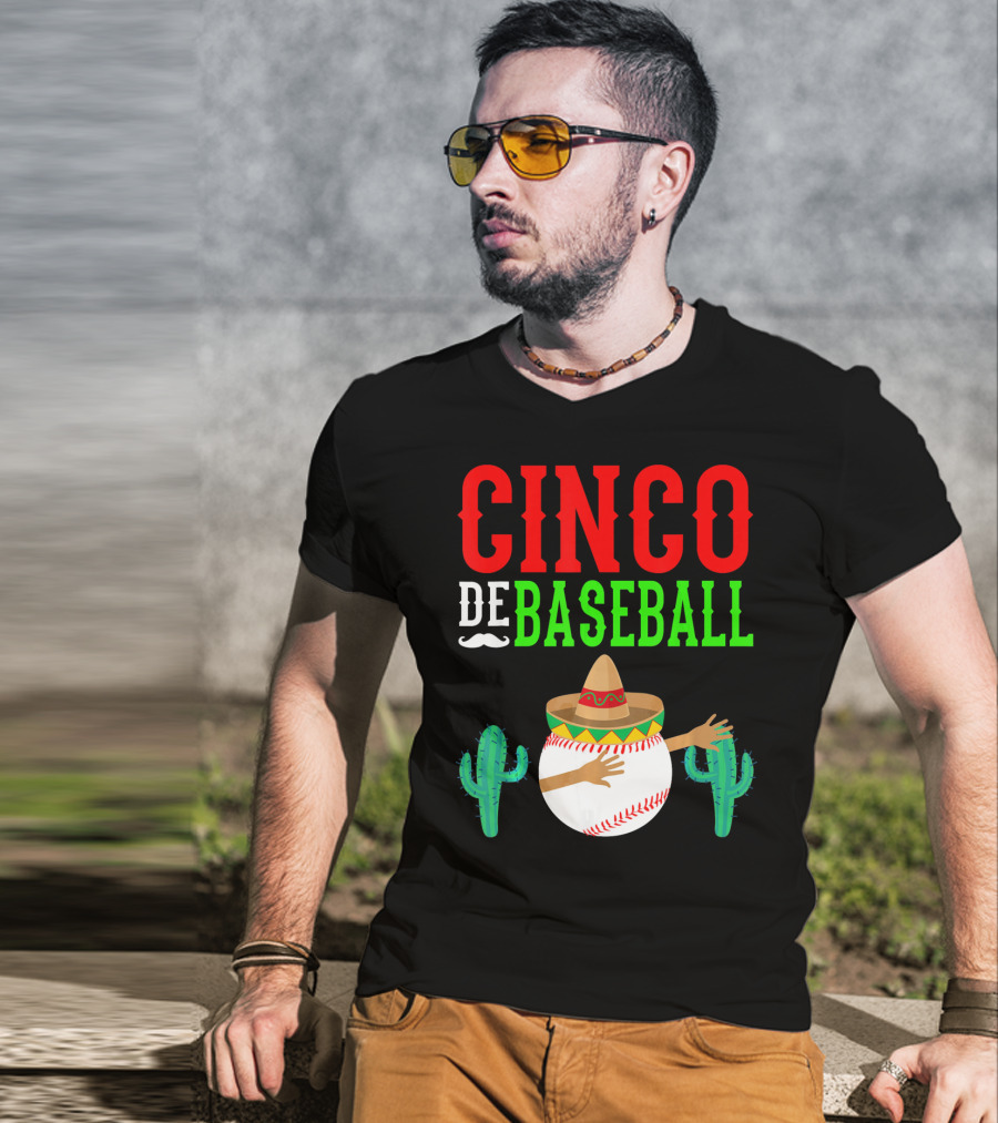 Cinco De Baseball Funny Dabbing Mex Sombrero Cactus T-Shirt