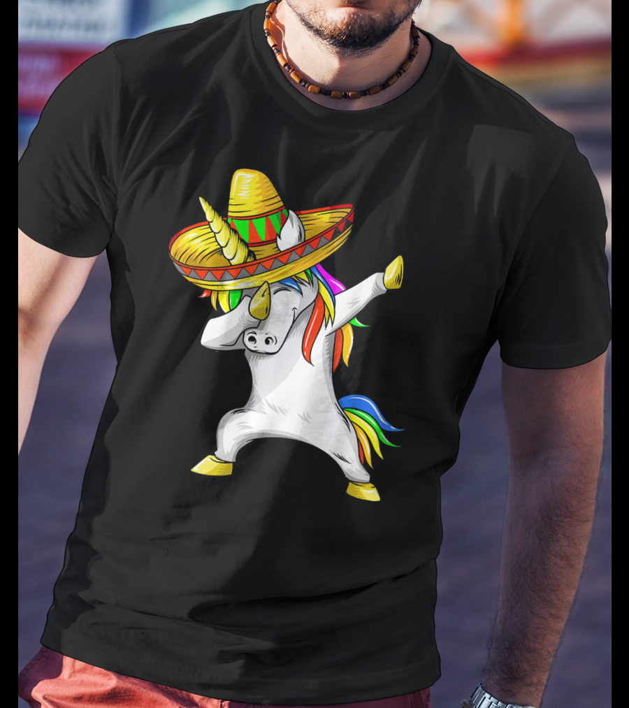 Dabbing Cinco De Mayo Unicorn With Sombrero And Rainbow Mane T-Shirt