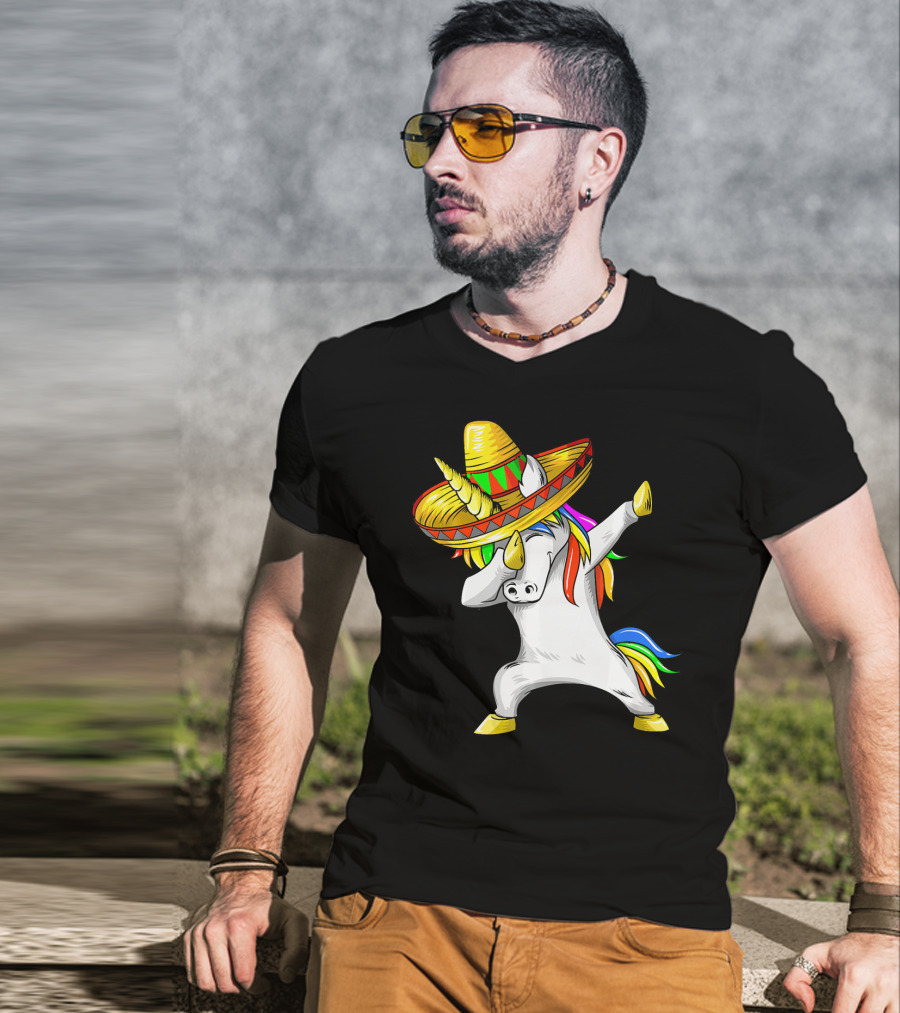 Dabbing Cinco De Mayo Unicorn With Sombrero And Rainbow Mane T-Shirt