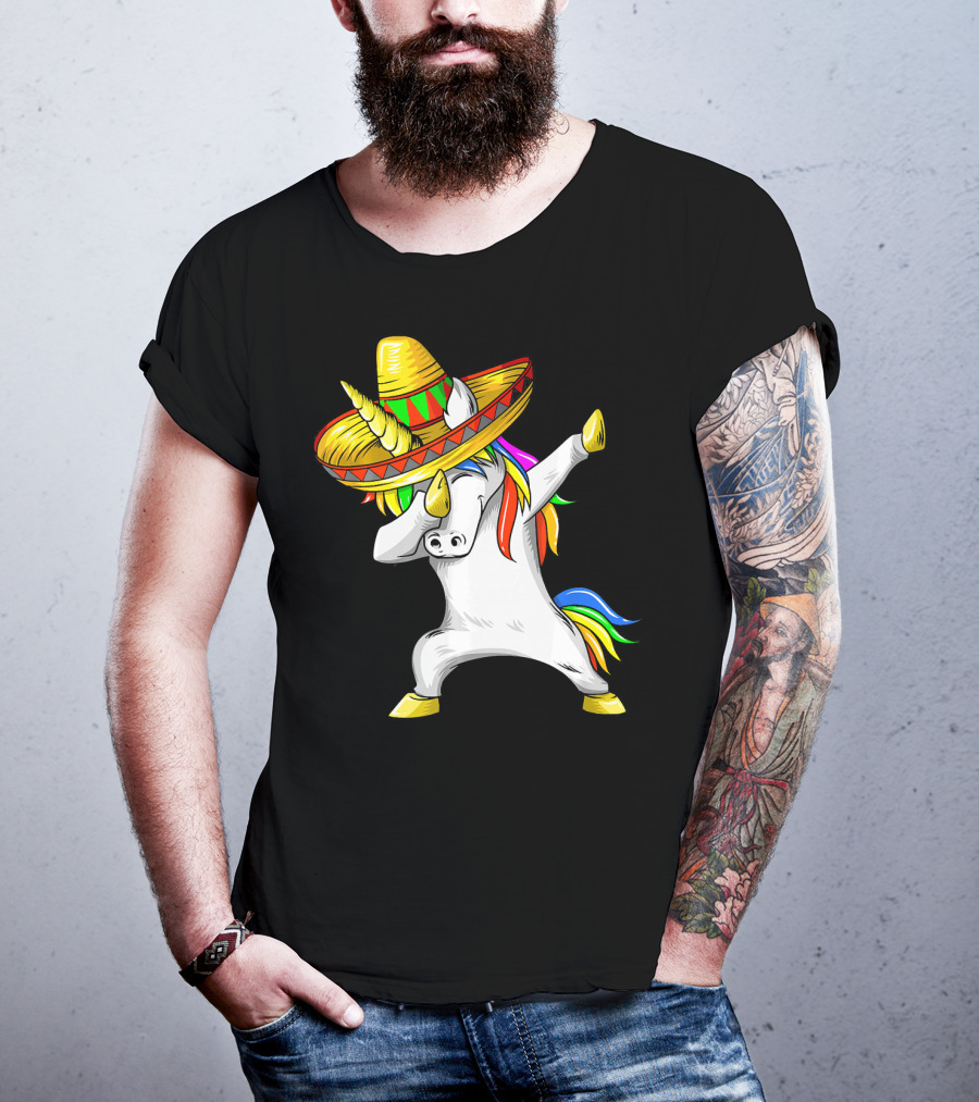 Dabbing Cinco De Mayo Unicorn With Sombrero And Rainbow Mane T-Shirt