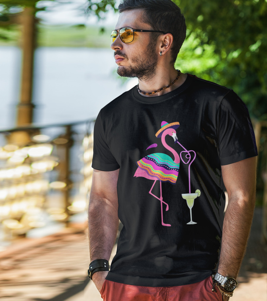 Cinco De Mayo Flamingo With Margarita And Sombrero Fun T-Shirt