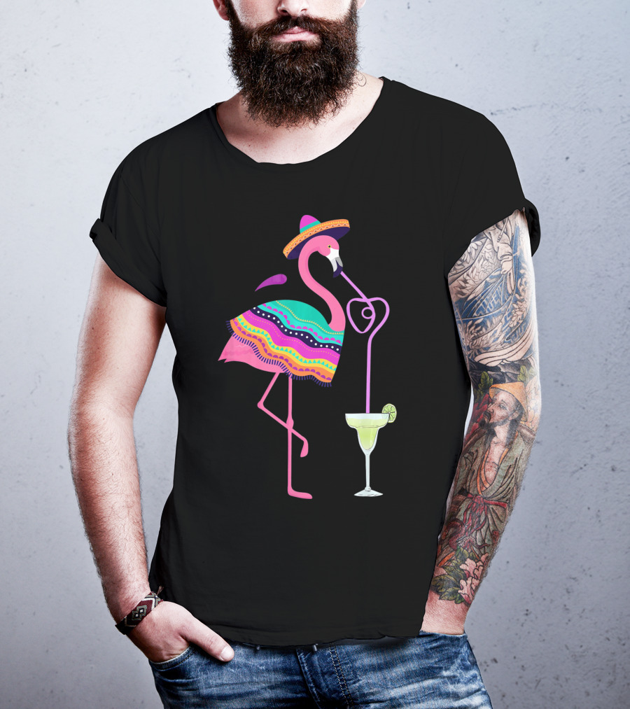 Cinco De Mayo Flamingo With Margarita And Sombrero Fun T-Shirt