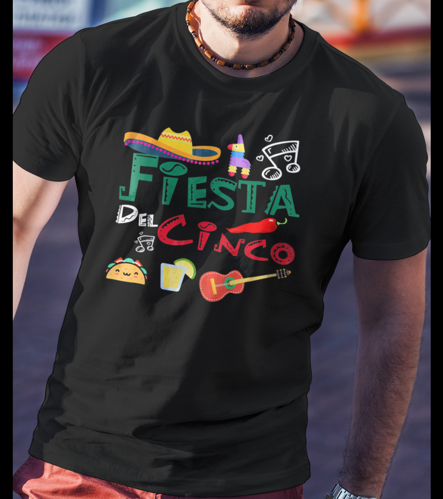 Fiesta Del Cinco Sombrero Piñata Taco Guitar Jalapeño Music Notes T-Shirt