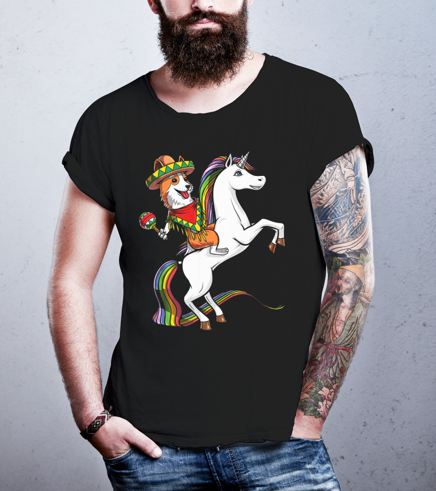 Corgi Riding Unicorn In Sombrero With Maracas Cinco De Mayo Mexic Fiesta T-Shirt