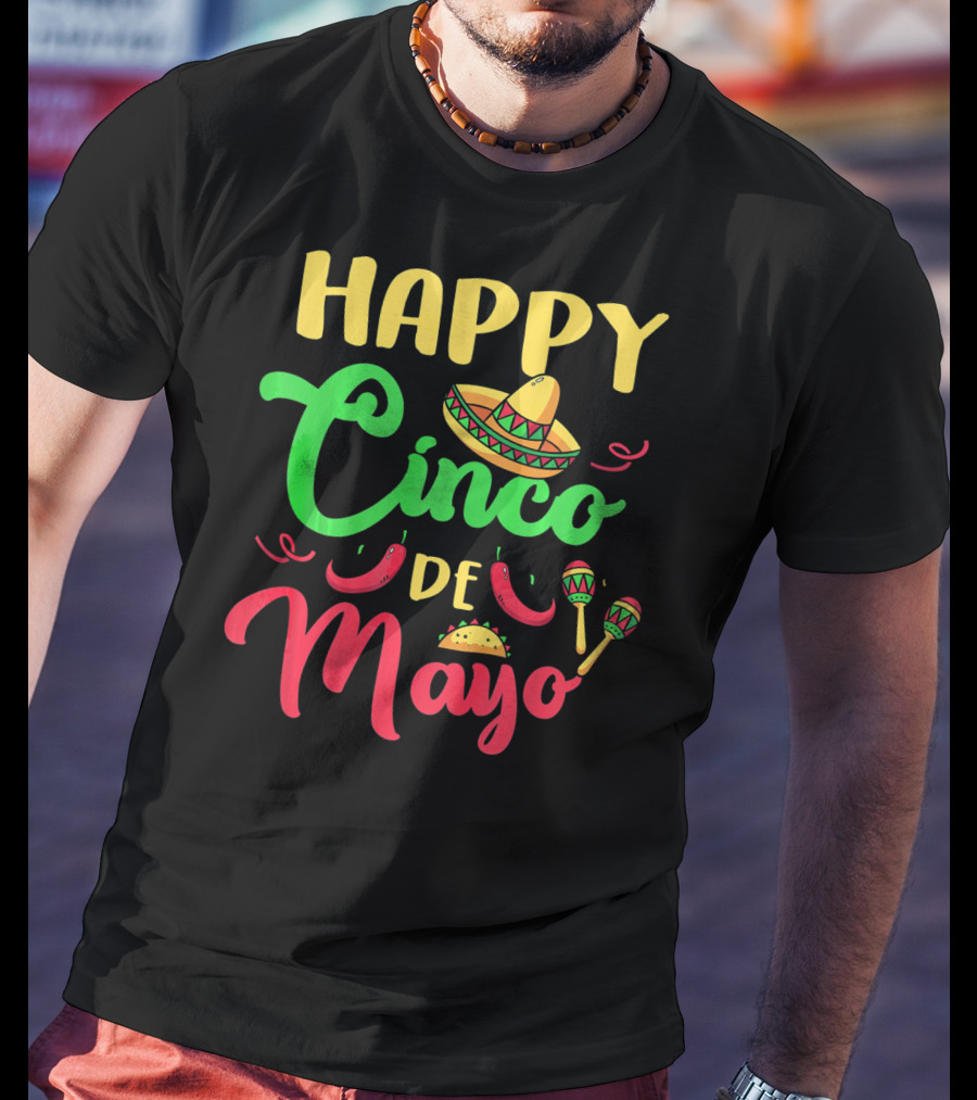 Happy Cinco De Mayo Sombrero Taco Maracas Peppers T-Shirt