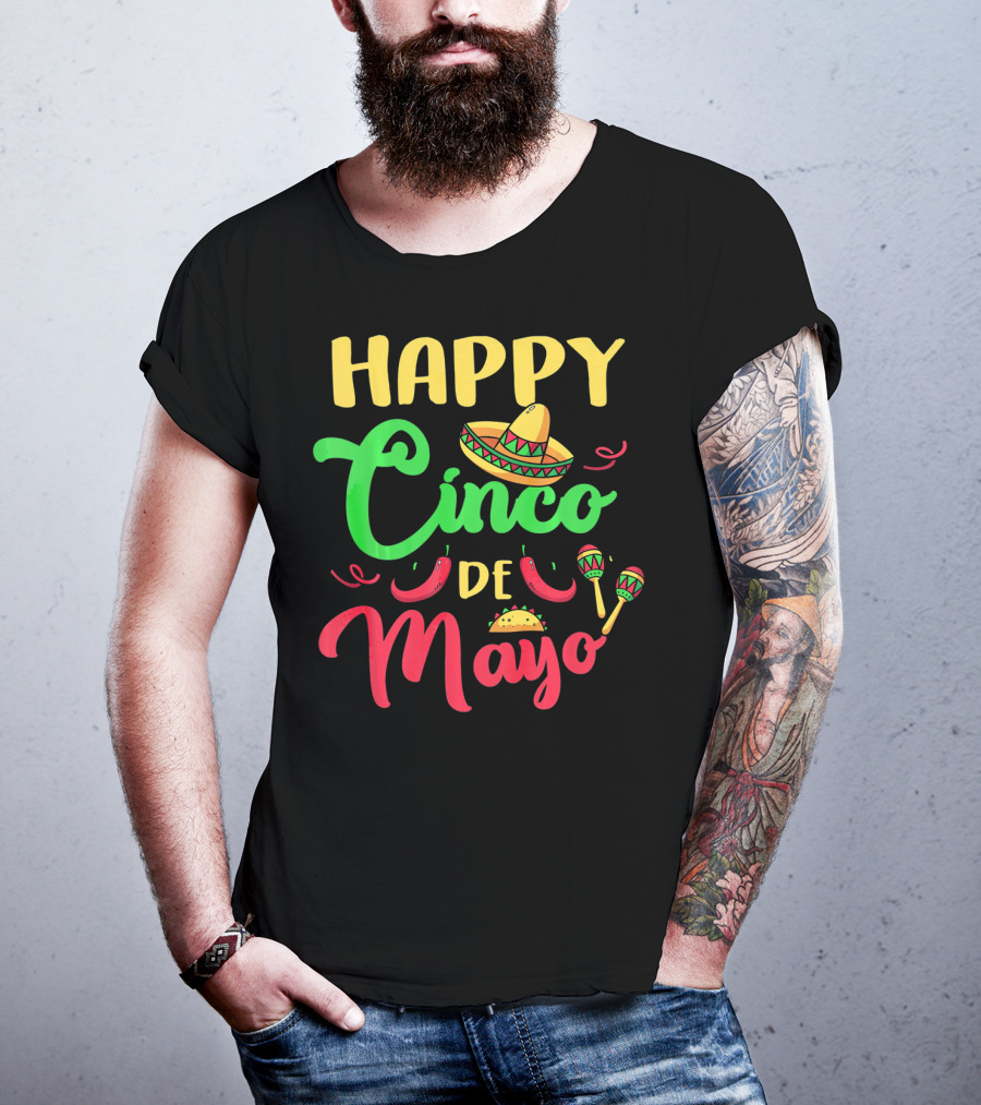 Happy Cinco De Mayo Sombrero Taco Maracas Peppers T-Shirt
