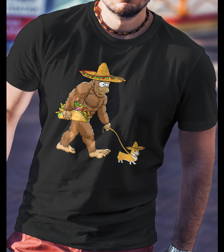 Bigfoot Sombrero Taco Corgi Dog Cinco De Mayo T-Shirt