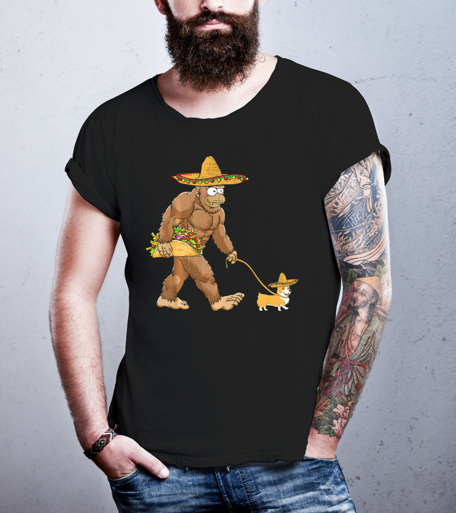 Bigfoot Sombrero Taco Corgi Dog Cinco De Mayo T-Shirt