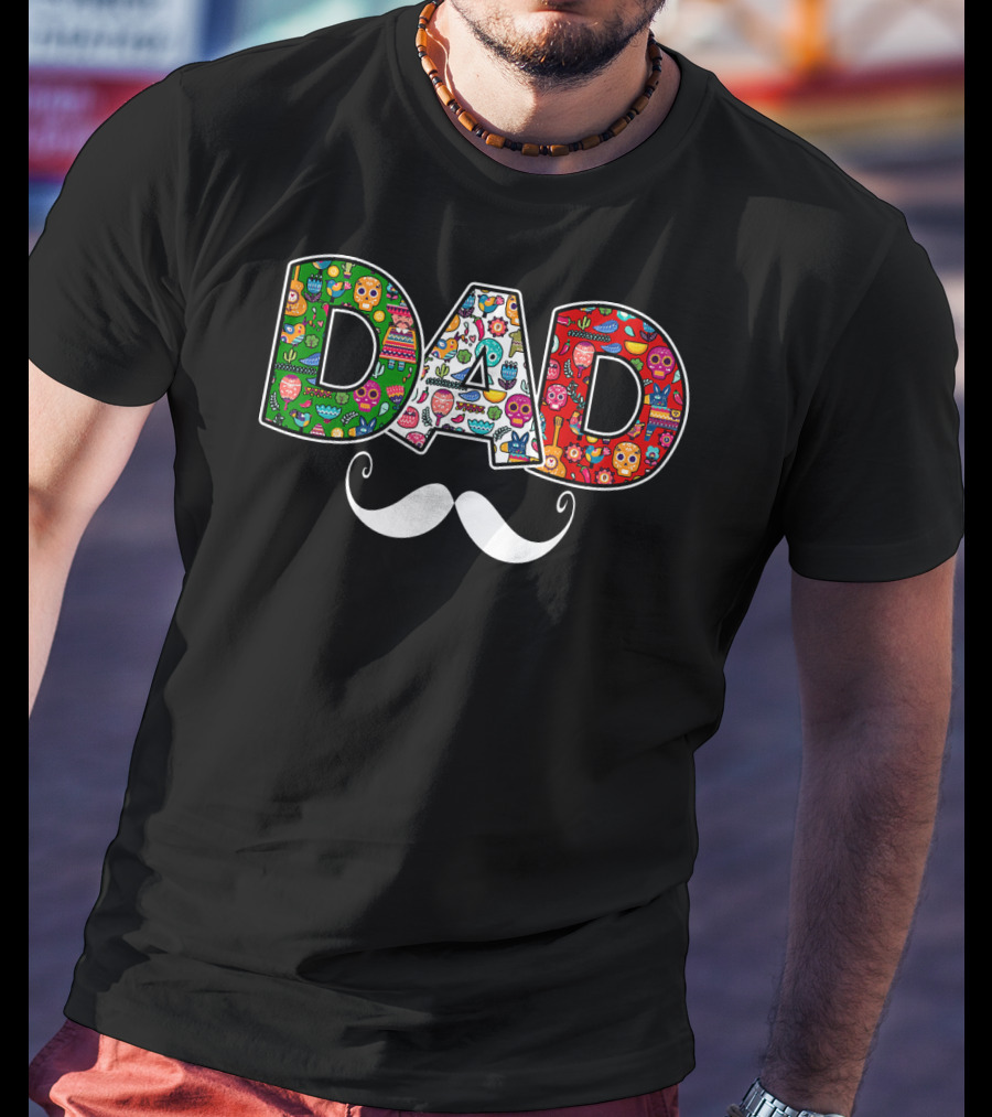 Mens Mexico Skull Maracas Sombrero Dad Mustache Colorful Icons T-Shirt