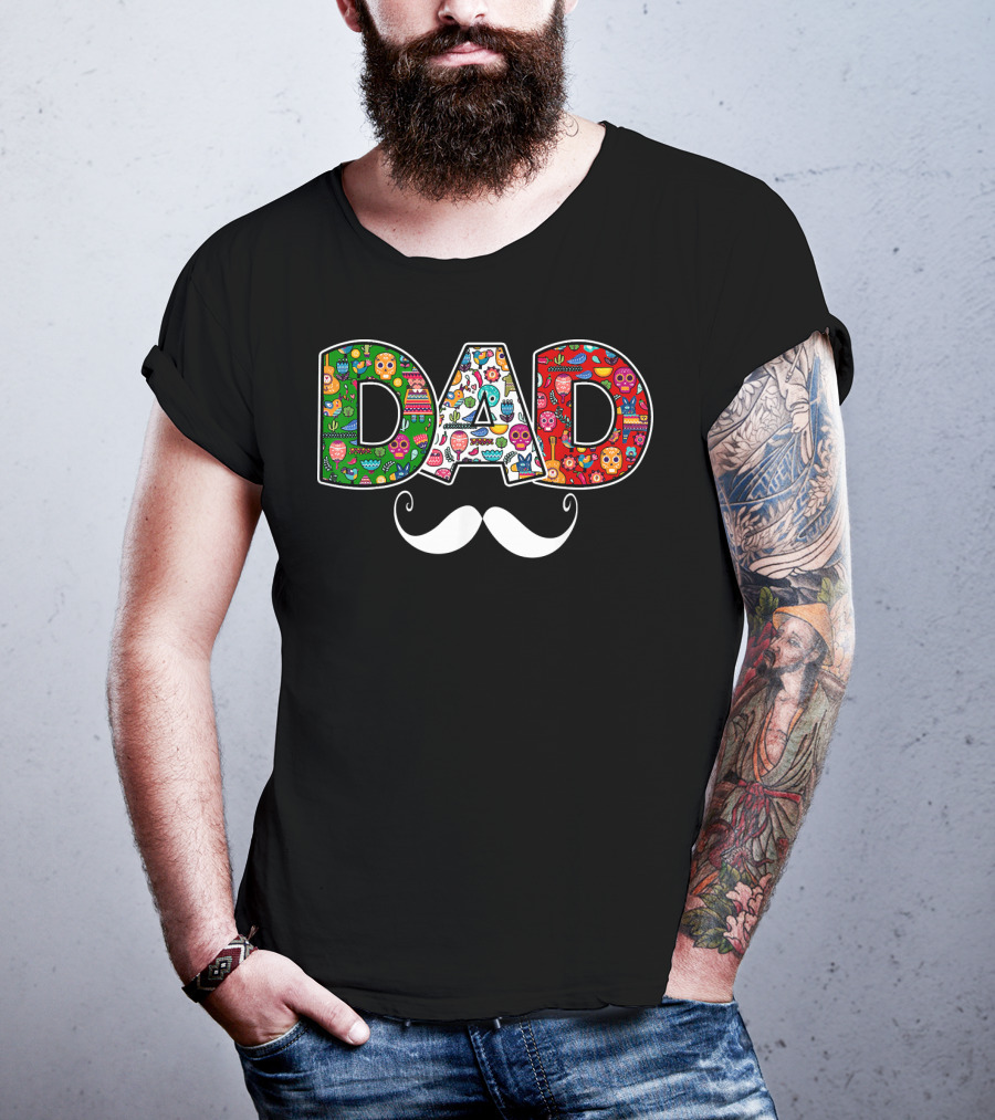 Mens Mexico Skull Maracas Sombrero Dad Mustache Colorful Icons T-Shirt