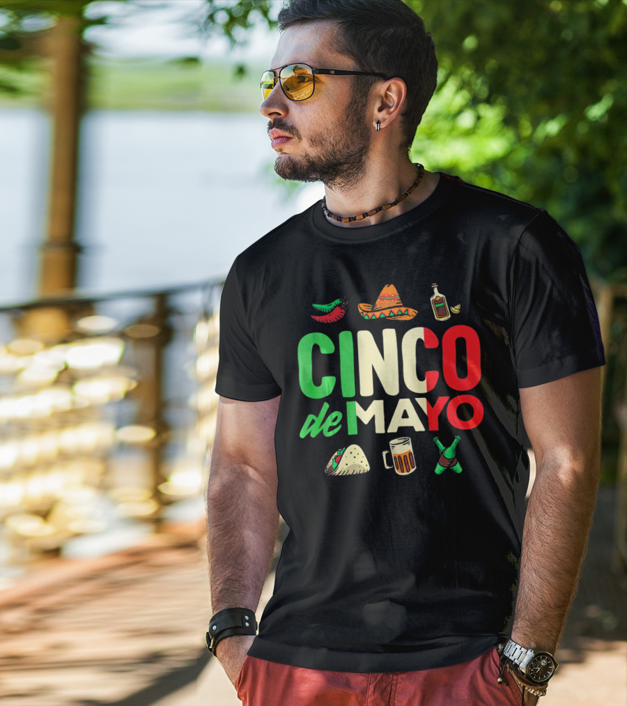 Cinco De Mayo Fiesta Sombrero Taco Beer Bottle Peppers T-Shirt