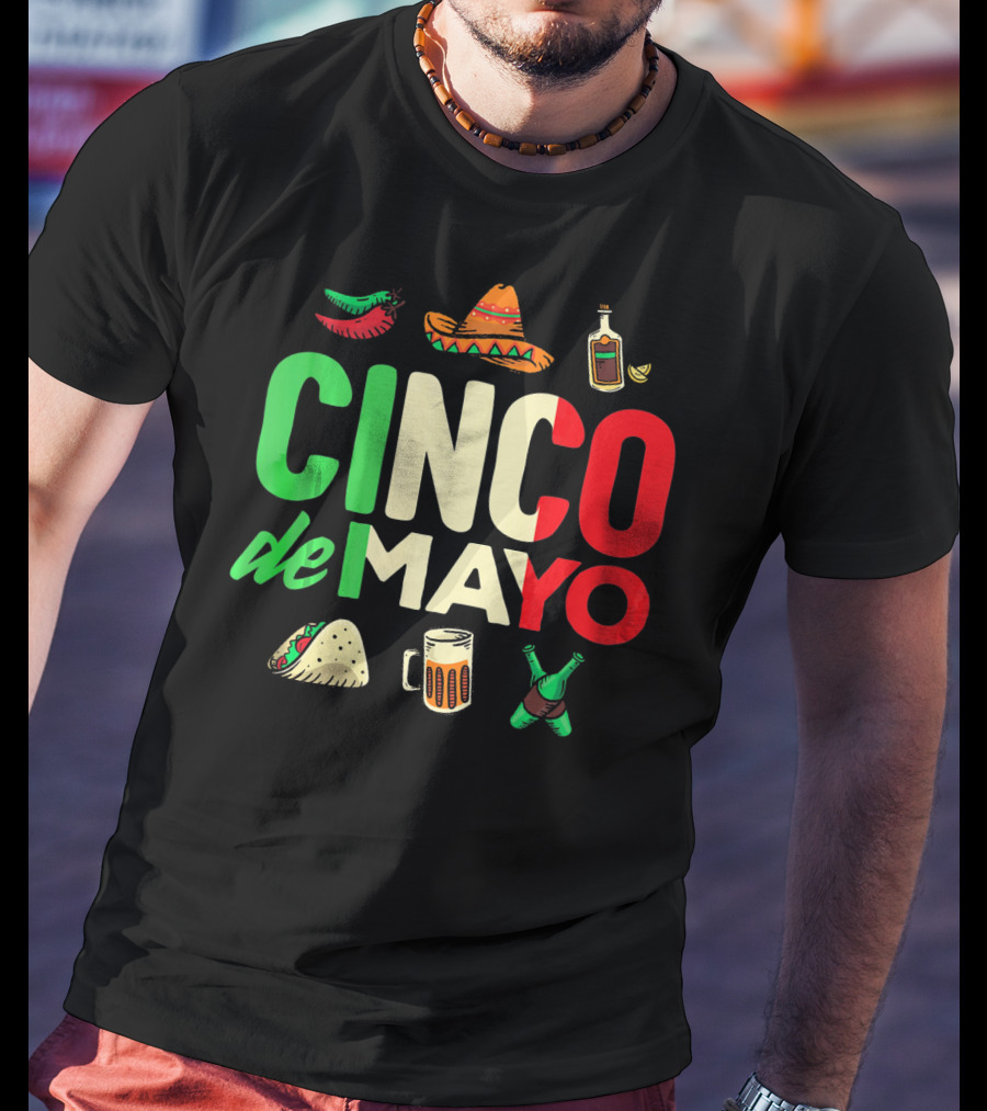 Cinco De Mayo Fiesta Sombrero Taco Beer Bottle Peppers T-Shirt