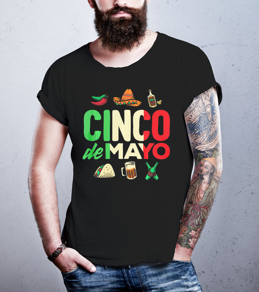 Cinco De Mayo Fiesta Sombrero Taco Beer Bottle Peppers T-Shirt