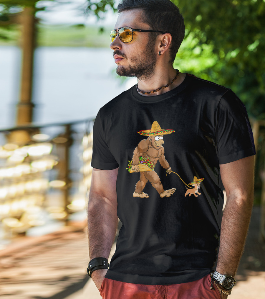 Bigfoot Taco Sombrero Chihuahua Dog Walking Cinco De Mayo T-Shirt