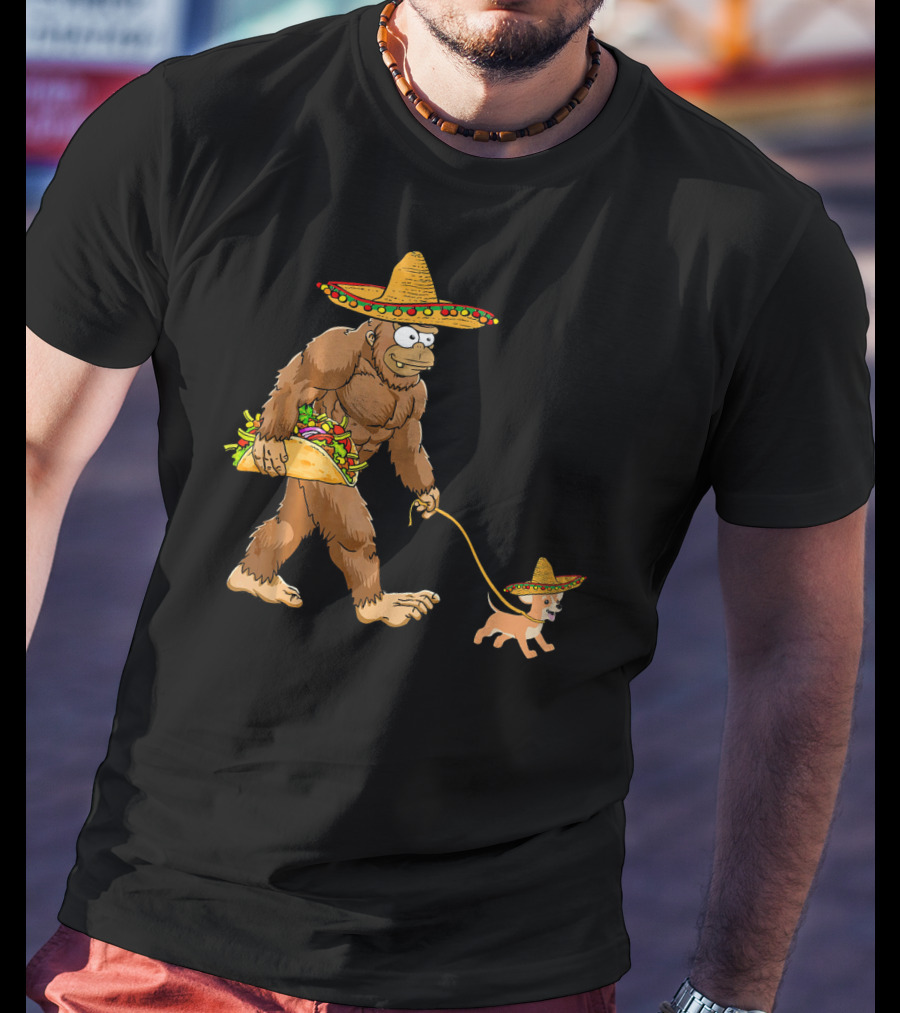 Bigfoot Taco Sombrero Chihuahua Dog Walking Cinco De Mayo T-Shirt