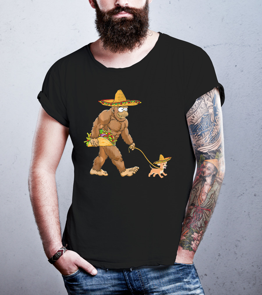 Bigfoot Taco Sombrero Chihuahua Dog Walking Cinco De Mayo T-Shirt