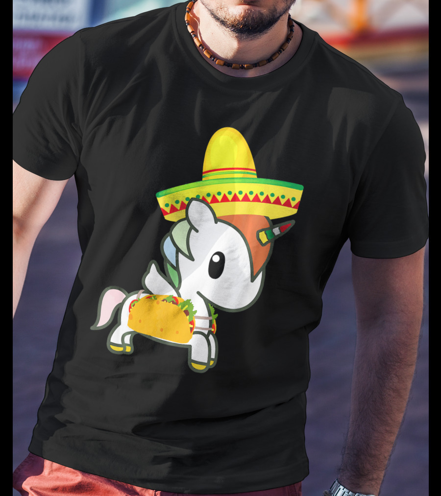Chibi Cinco De Mayo Unicorn Wearing Sombrero Taco T-Shirt