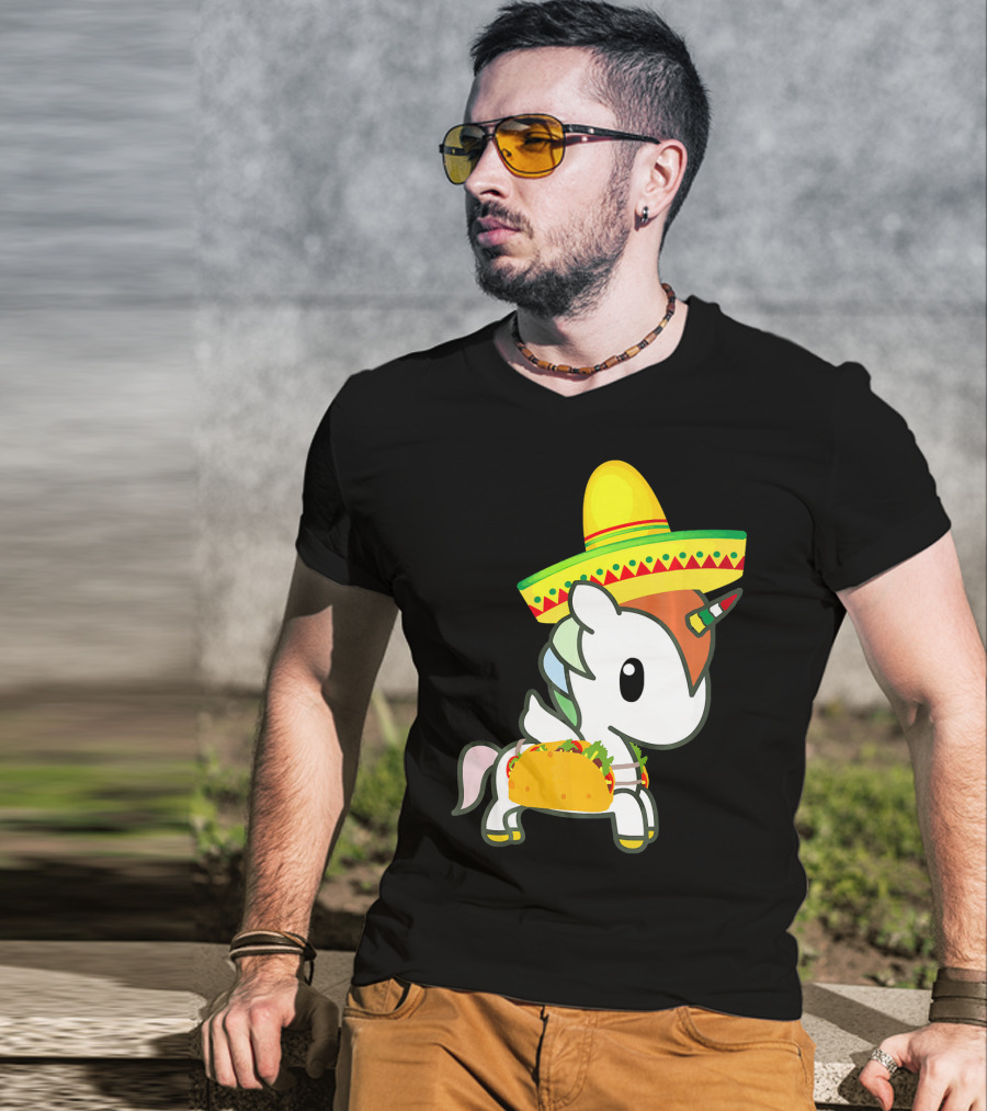 Chibi Cinco De Mayo Unicorn Wearing Sombrero Taco T-Shirt